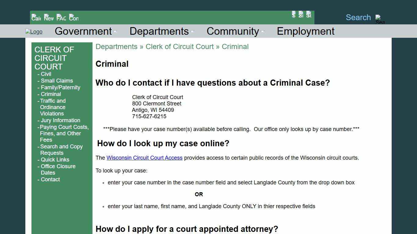The Official Langlade County Government Web Site | Departments » Clerk of Circuit Court » Criminal